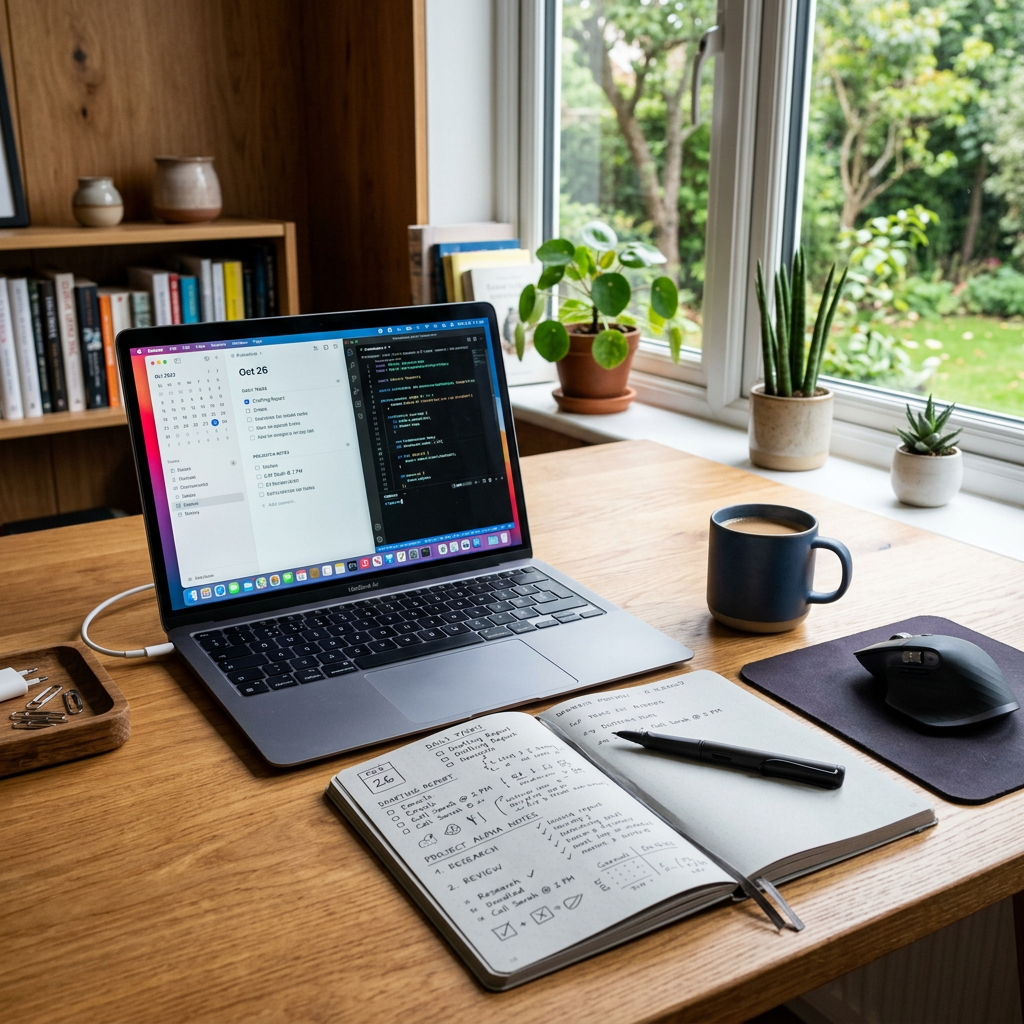 Home office setup with laptop displaying calendar and code, notebook with handwritten notes, coffee mug, and computer mouse on wooden desk