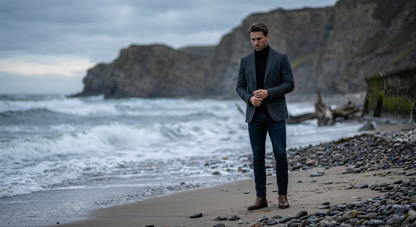 Man in dark jacket and boots walking on rocky beach near waves