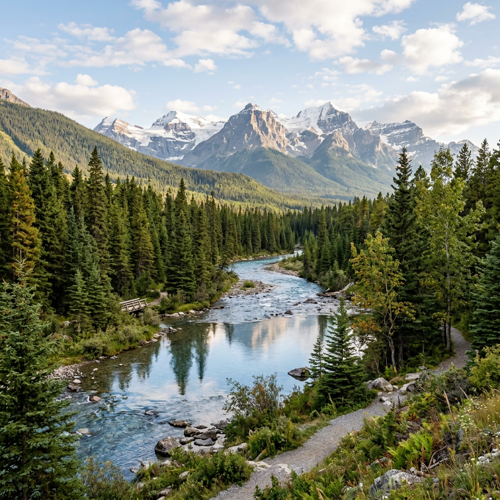 River flowing through evergreen forest towards snow-capped mountain peaks