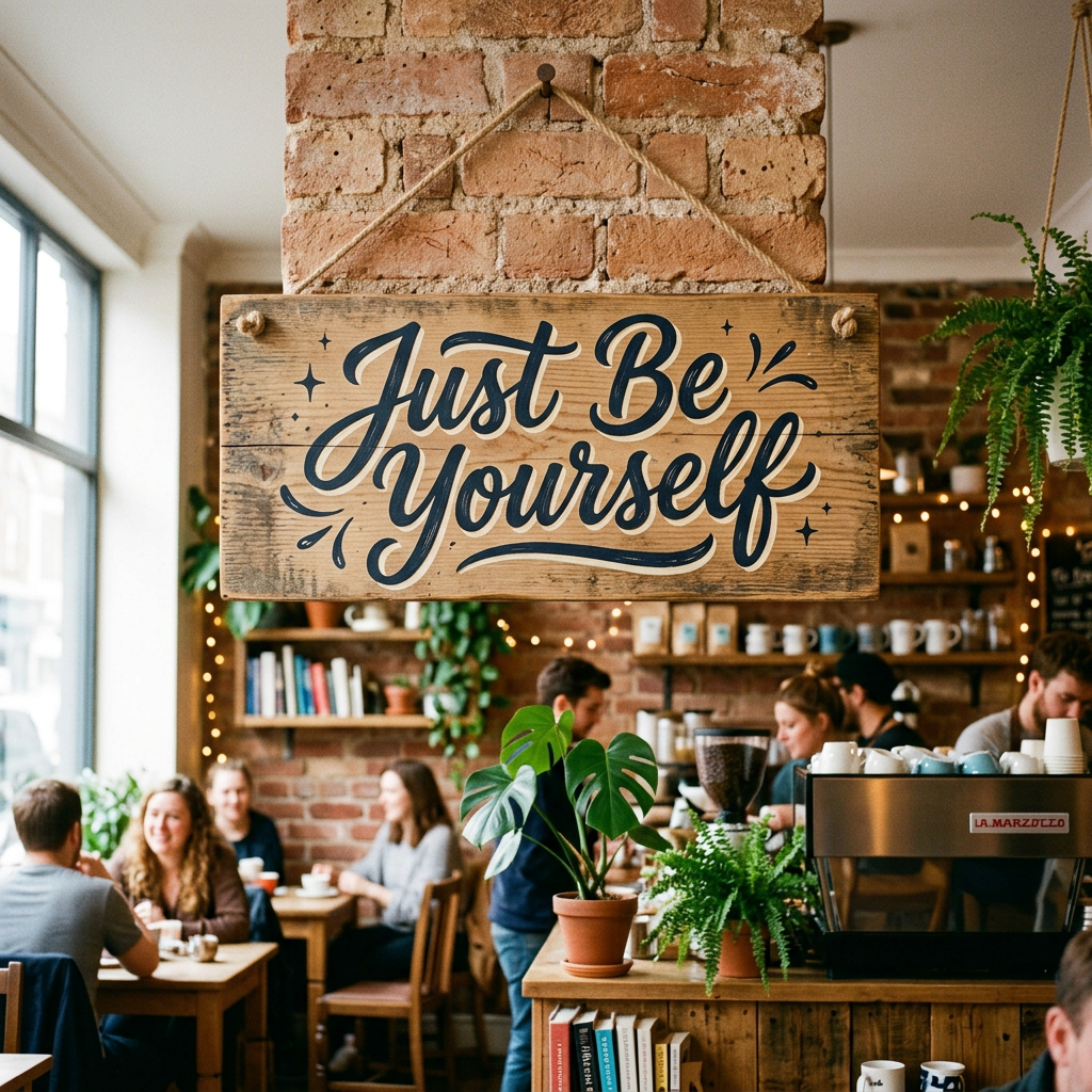 Wooden sign hanging in cafe saying Just Be Yourself